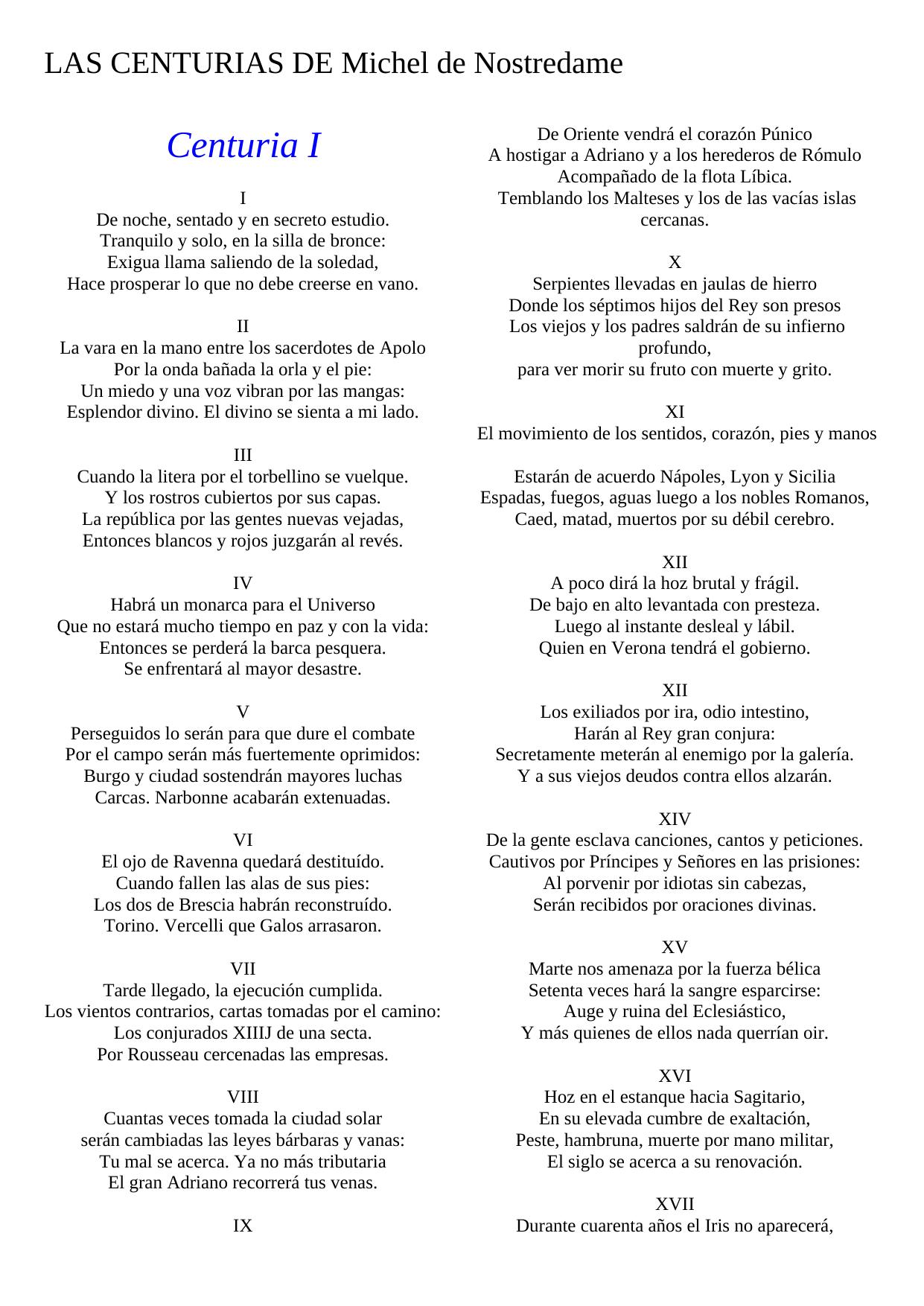 LAS CENTURIAS DE Michel de Nostredame