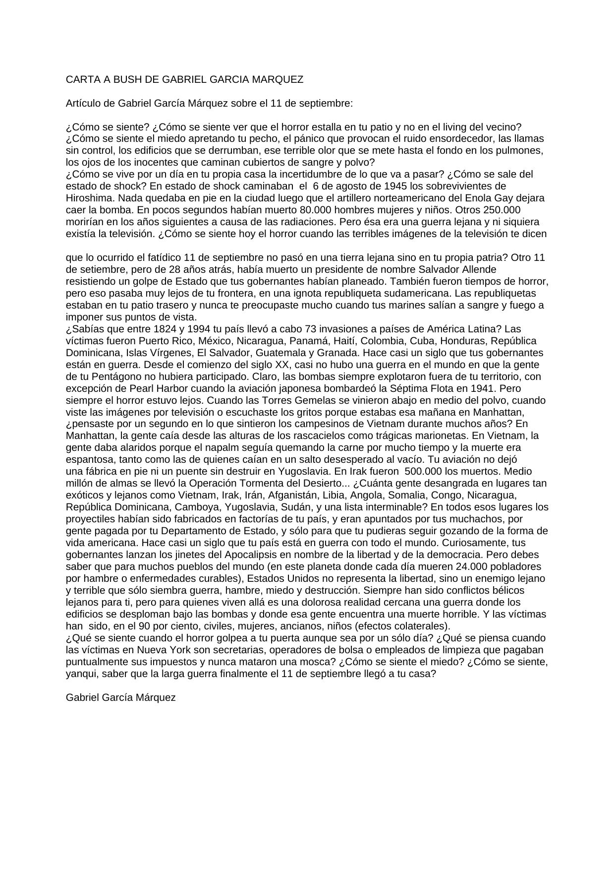 CARTA A BUSH DE GABRIEL GARCIA MARQUEZ