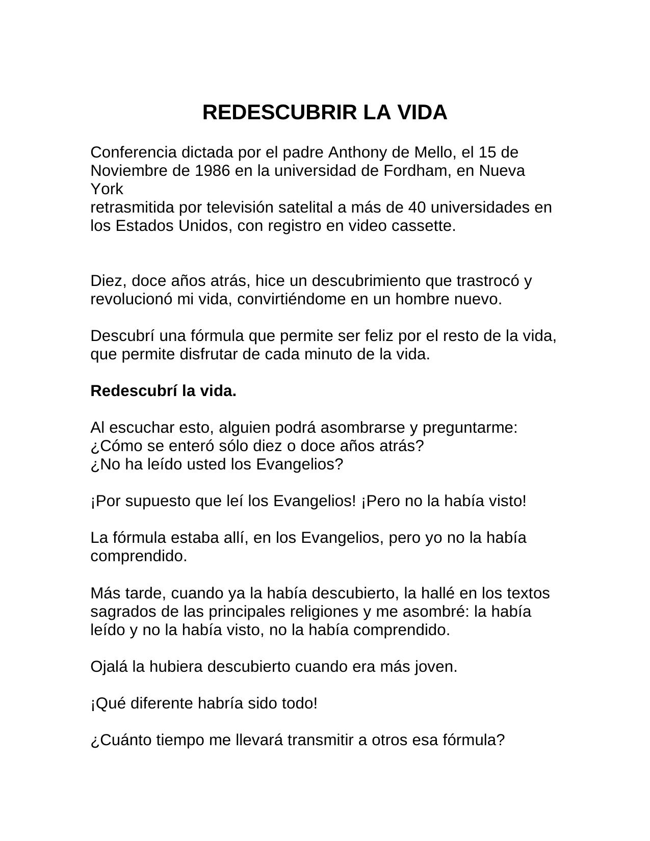 REDESCUBRIR LA VIDA