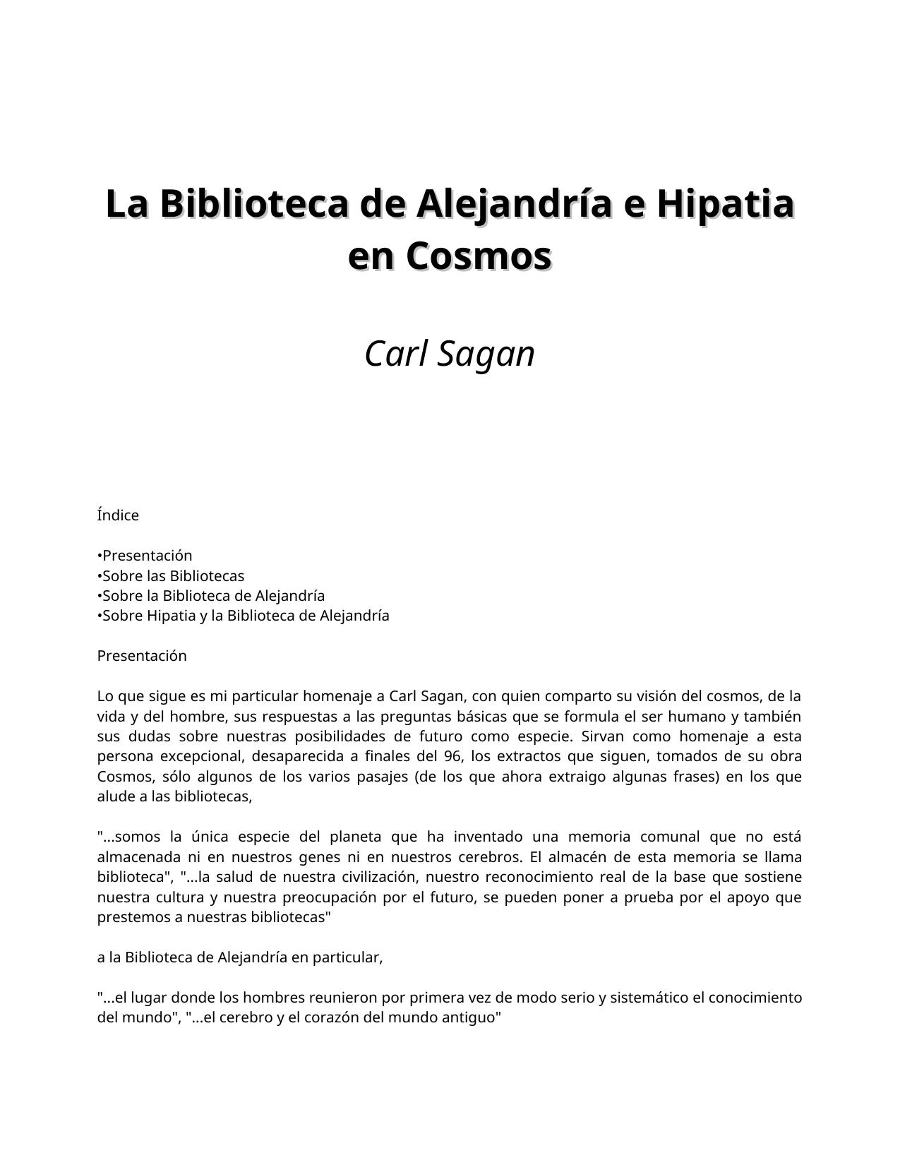 La Biblioteca de Alejandría e Hipatia en Cosmos