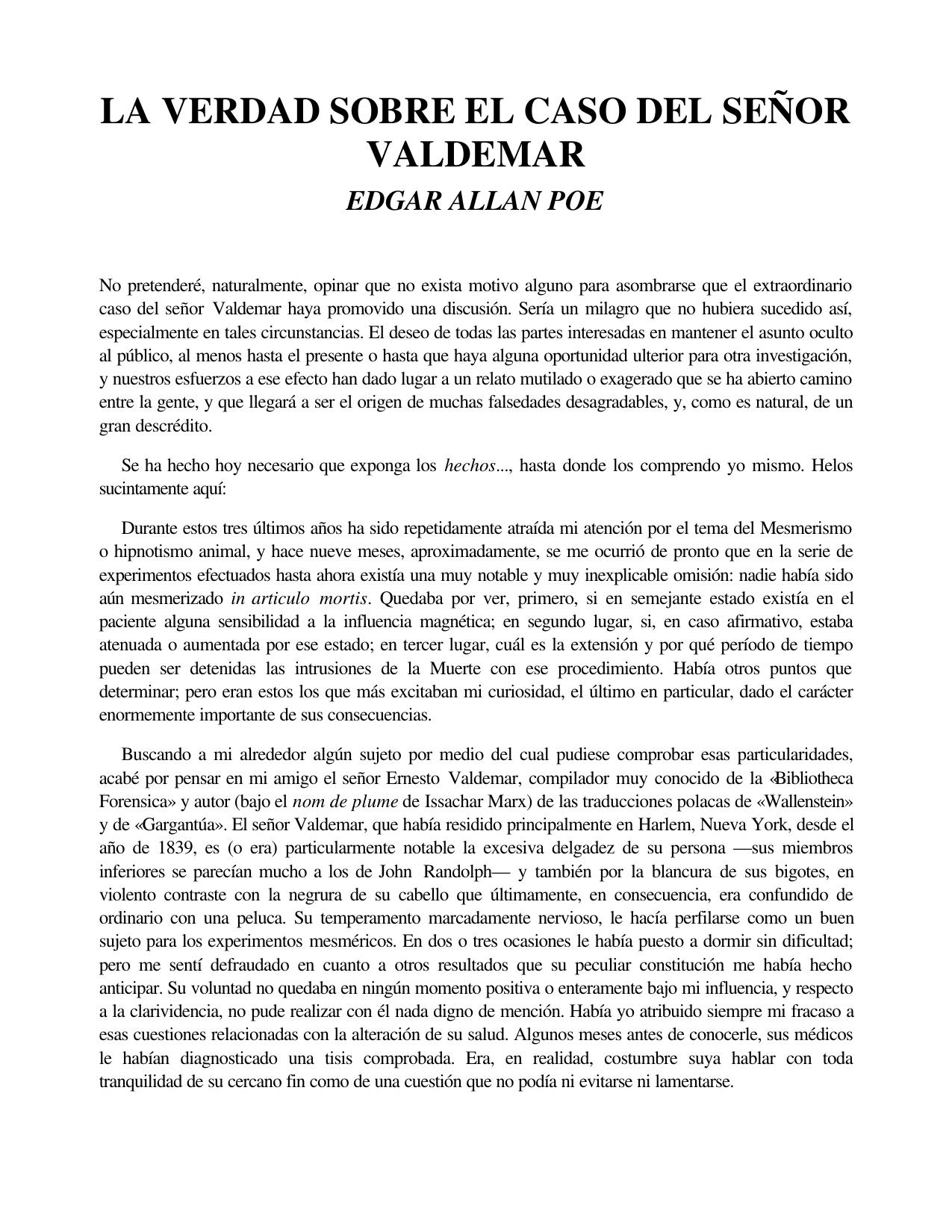 La Verdad sobre el caso del Señor Valdemar