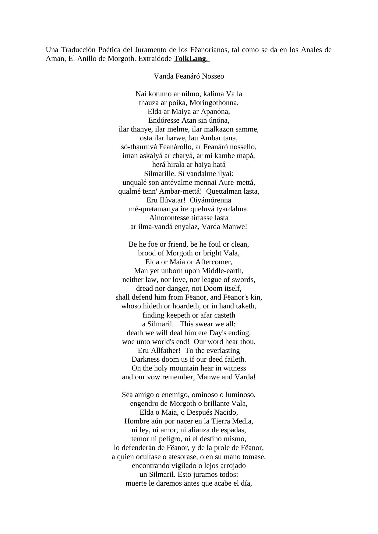 Una Traducción Poética del Juramento de los Fëanorianos, tal como se da en los Anales de Aman, El Anillo de Morgoth